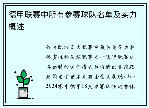德甲联赛中所有参赛球队名单及实力概述